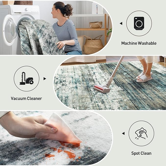 5x7 Area Rugs for Living Room: Washable Abstract Teal Green Badroom Carpet |