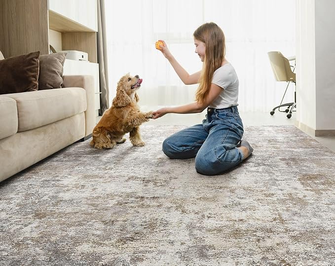 UERMEI 9x13 Area Rug Living Room Rugs Washable Neutral Brown Grey Carpet |