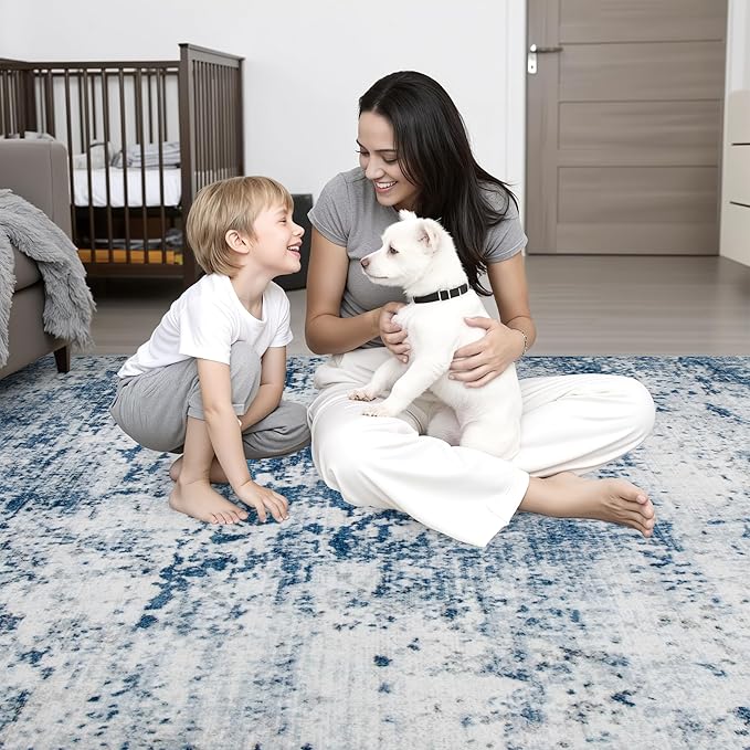 3x8 Washable Runner Rug：Modern Abstract Kitchen Soft Carpet Blue |