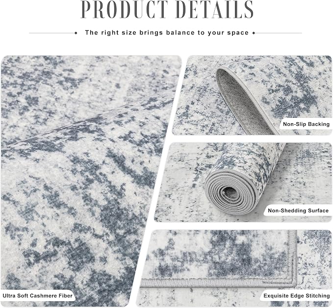 3x10 Washable Runner Rug：Modern Abstract Soft Carpet Blue Grey |