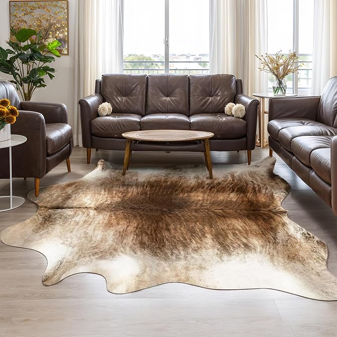 Western Faux Cowhide Rug, Animal Cow Hide Rug, 7 x 6.2 Ft Brownish | Premium