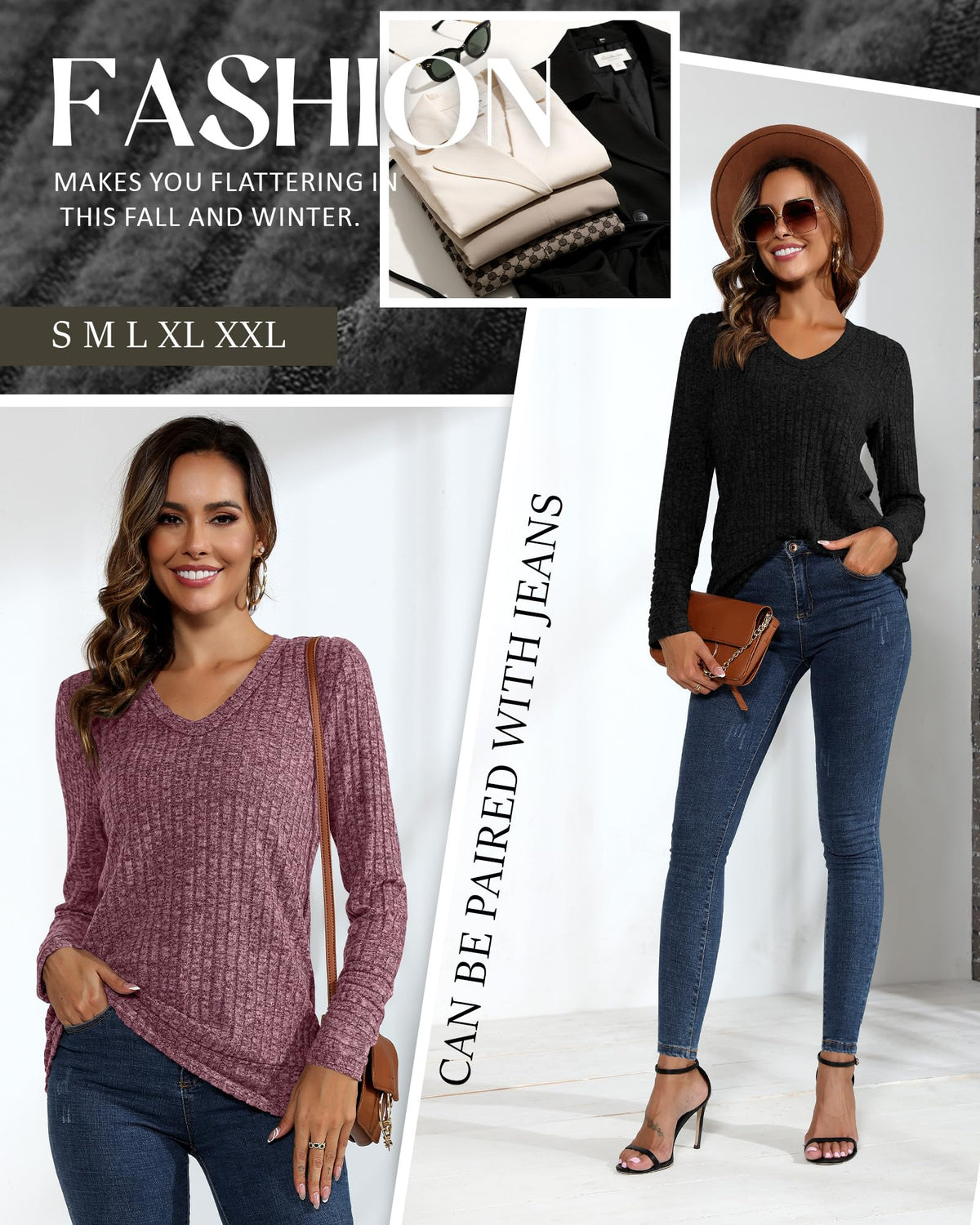 Ficerd 2 Pack Women V Neck Sweaters Long Sleeve Tunic Tops Lightweight Solid