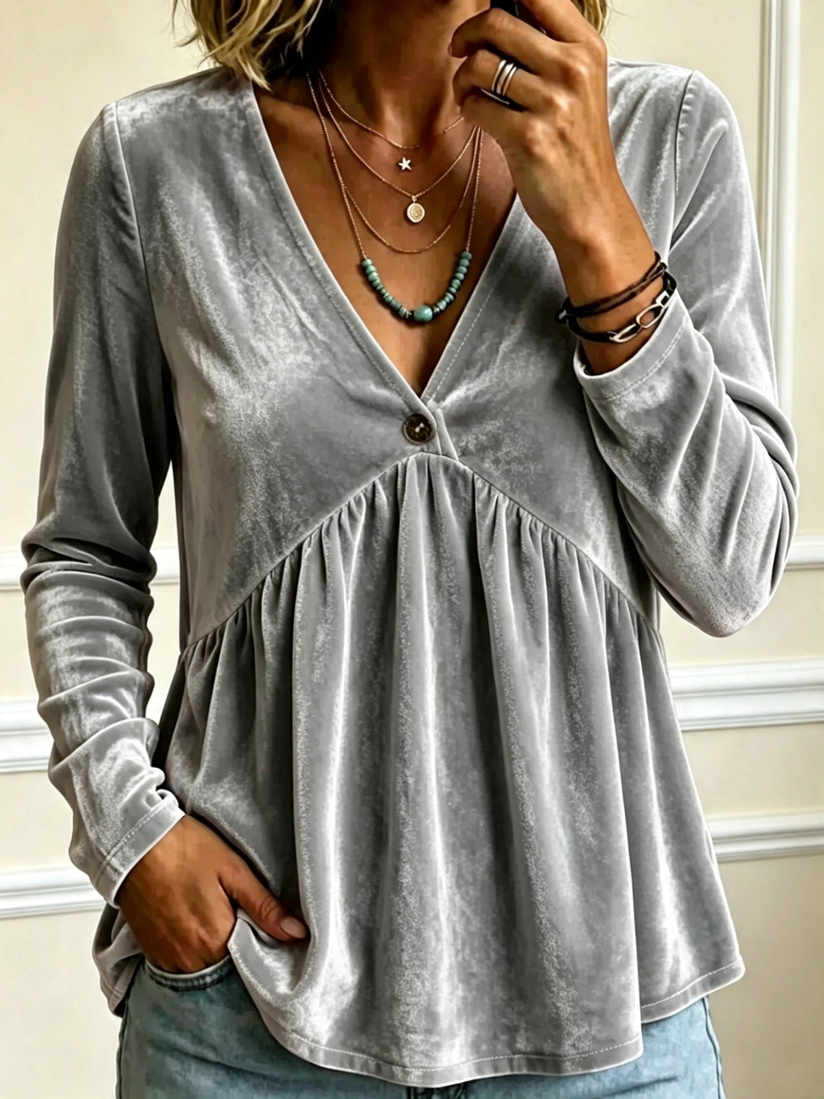2026 New Arrival Women Solid Color V Neck Long Sleeve Knit Top Casual Loose Fashion Blouse For European & American Market