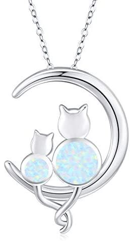 925 Sterling Silver Crescent Moon Opal Cat Pendant Necklace
