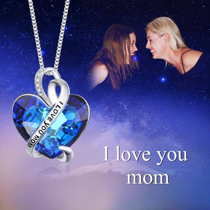 I Love You Mom Necklace Sterling Silver Heart Pendant Embellished with Crystals from Austria