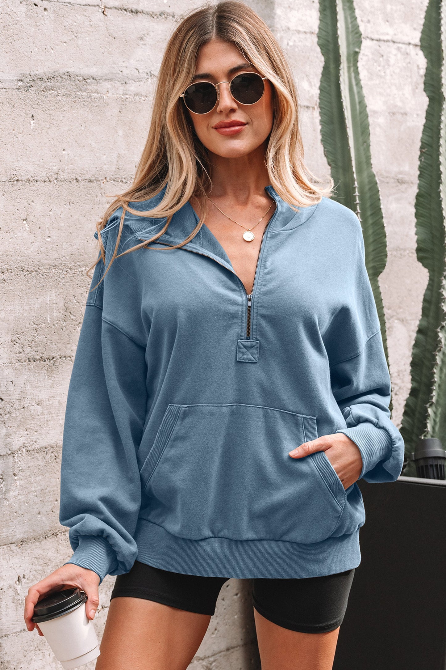 Solid Half-Zip Kangaroo Pocket Baggy Hoodie