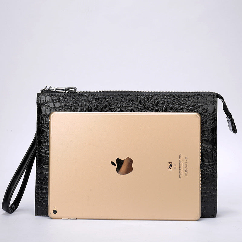 A4 Men's Genuine Leather Underarm Bag Zipper Cowhide Crocodile Pattern Men's Mobile Phone Bag