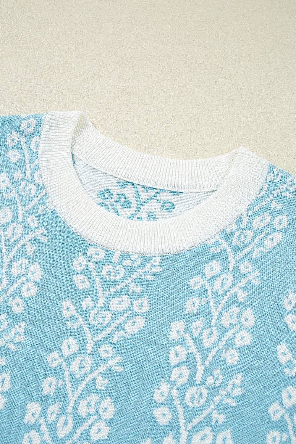 Floral Contrast Crewneck Short Sleeve Sweater