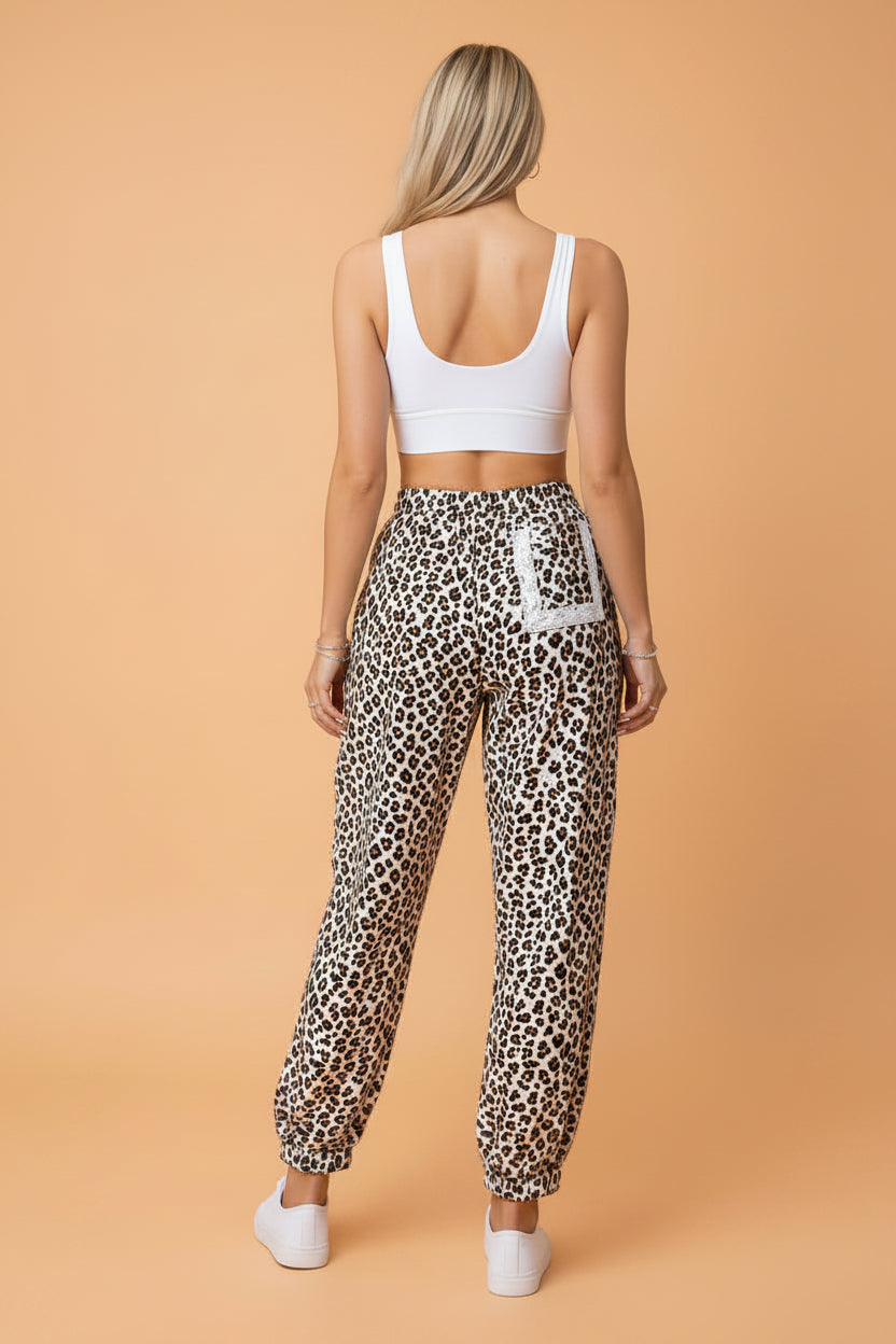 Leopard Lace Side Stripe Elastic Waist Jogger Pants