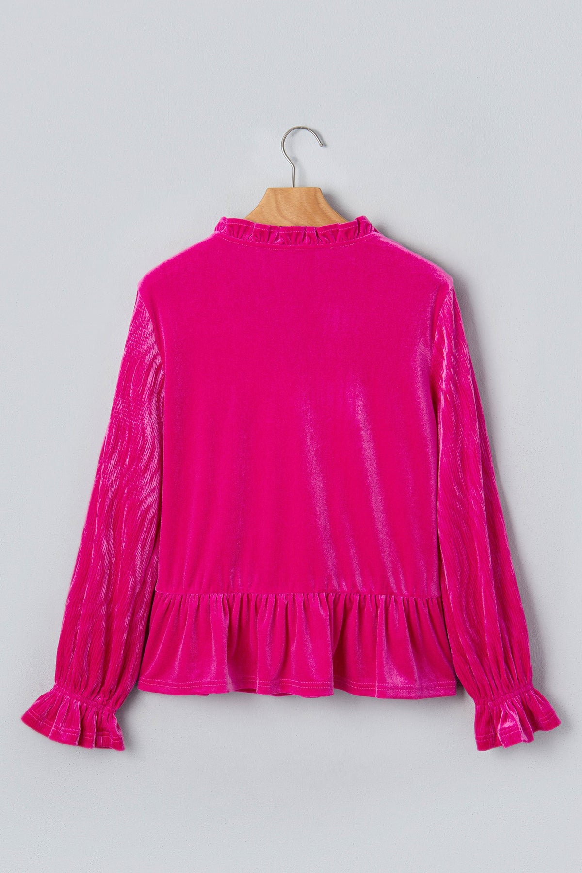 Solid Velvet V-Neck Ruffle Cuff Long Sleeve Top