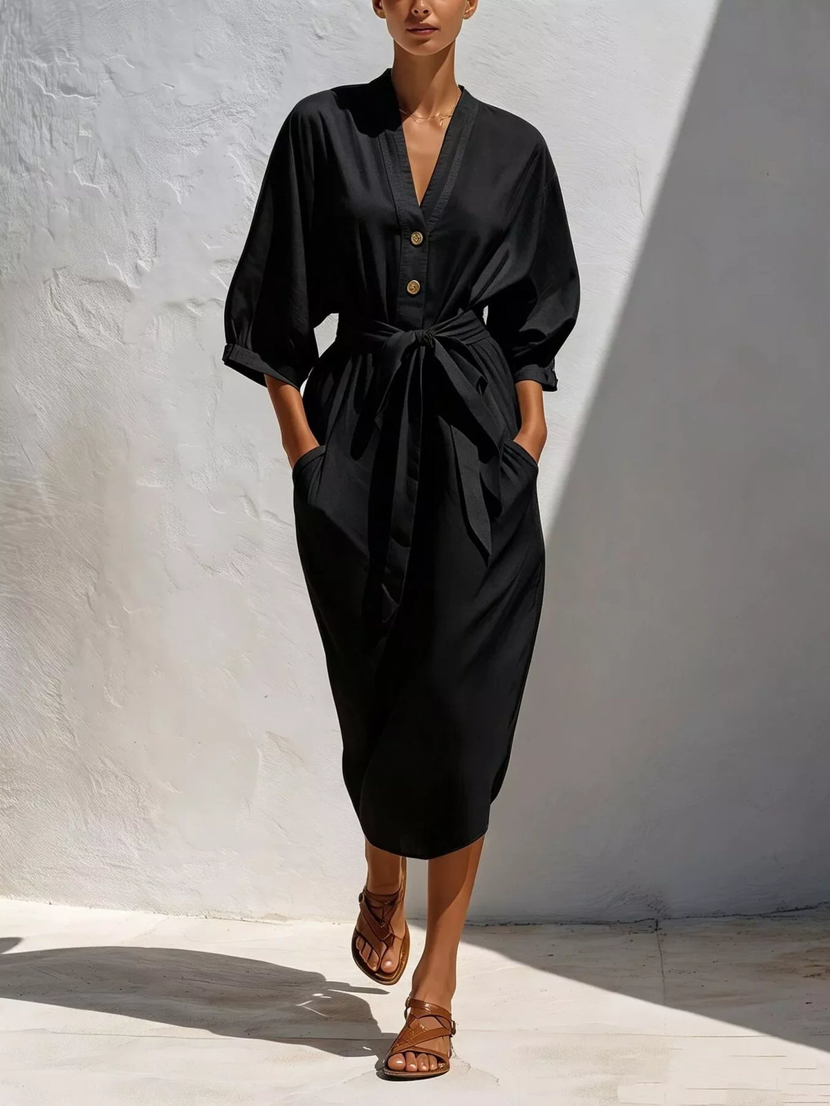 Full Size Tie Waist V-Neck Midi Dress Plus Size