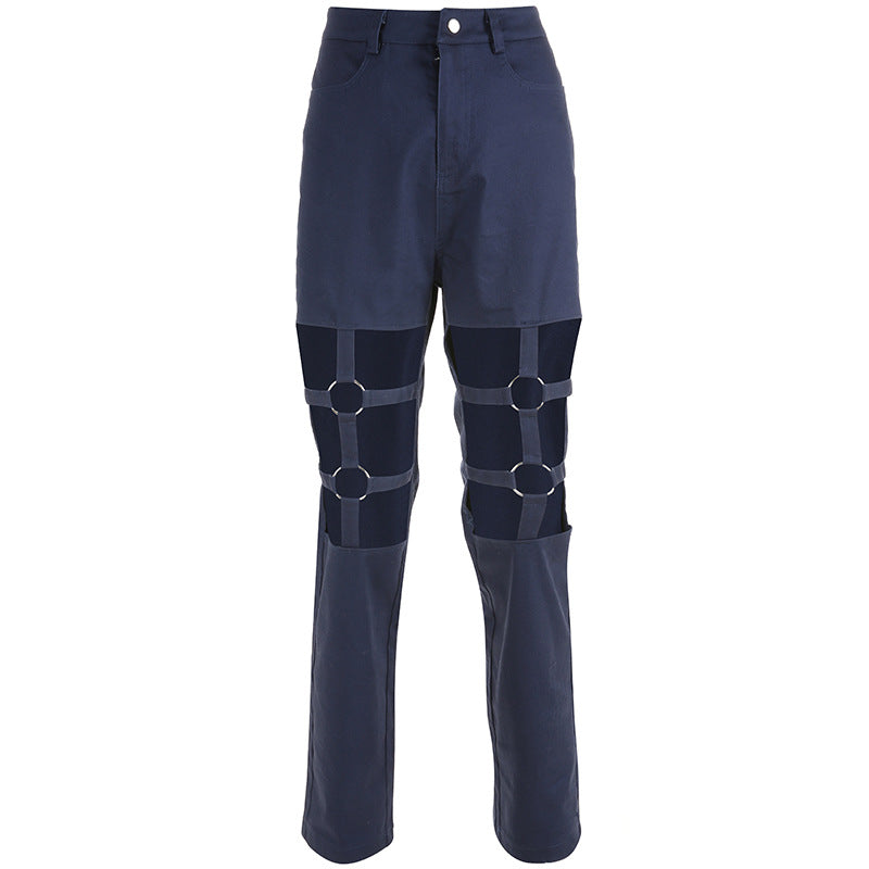 Spring sexy hollow hollow leg straight overalls women Europe and America retro loose high waist handsome casual pants