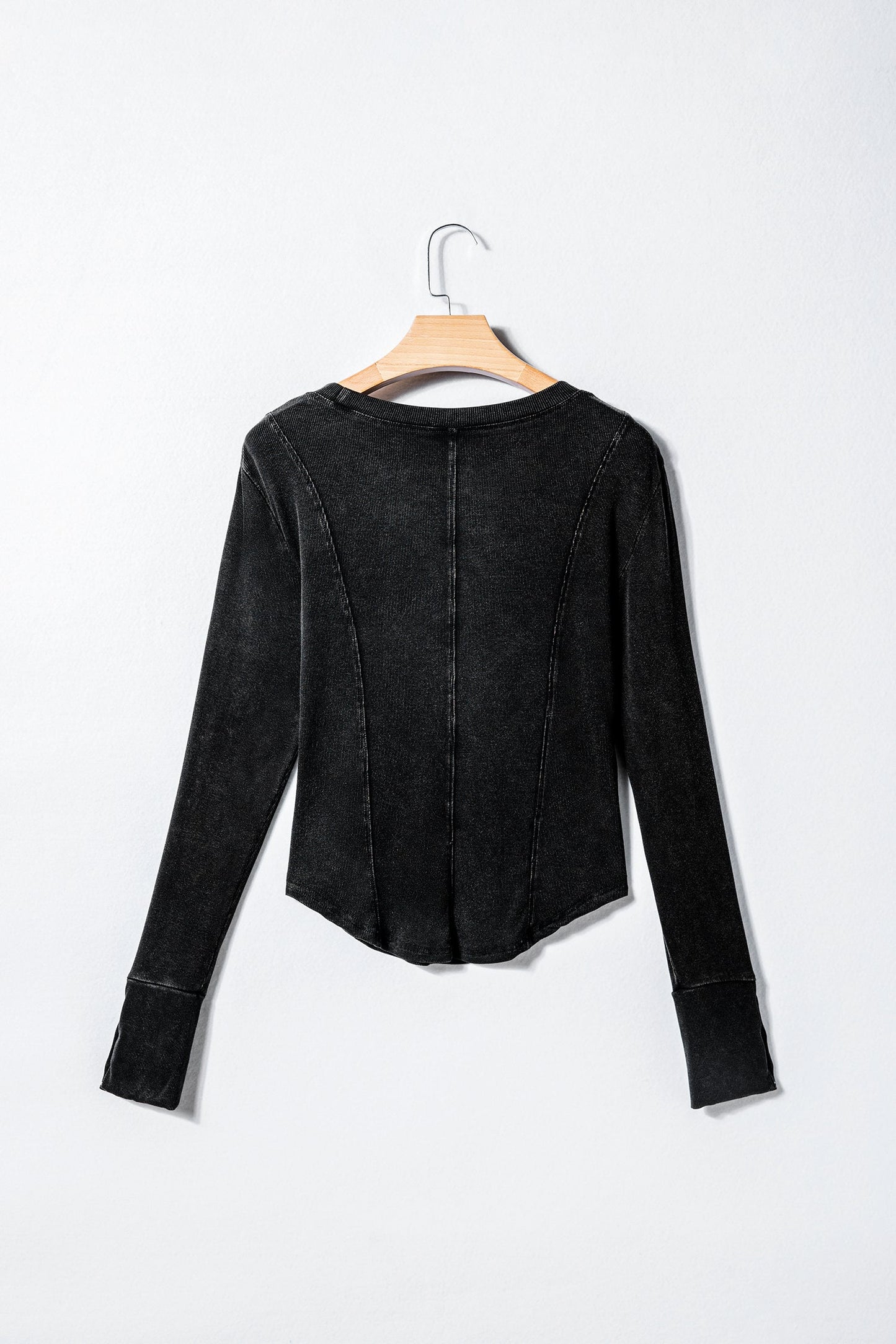Solid Ribbed Knit Buttoned Long Sleeve Top
