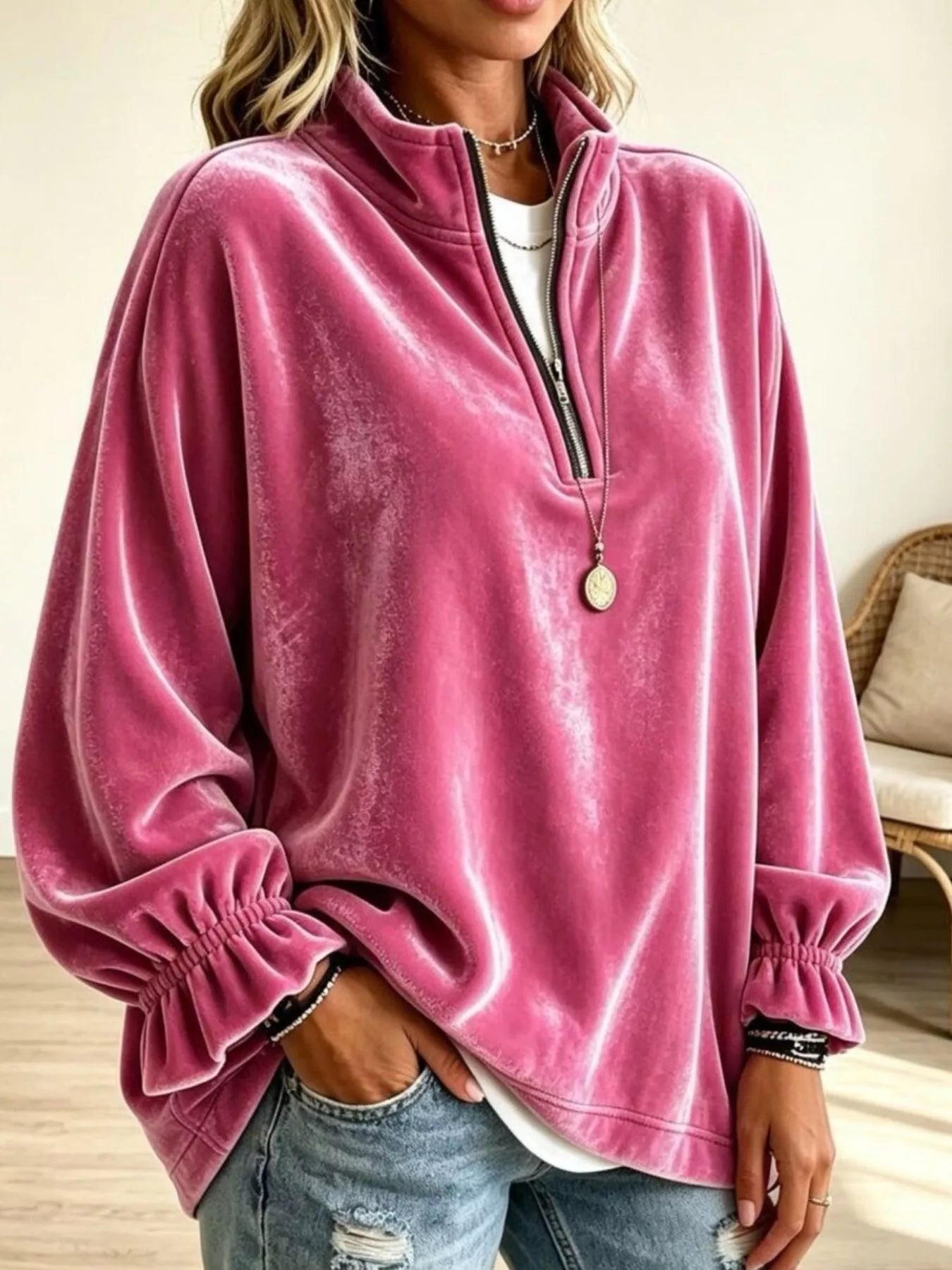 Velvet Quarter-Zip Sweatshirt with Ruffled Cuffs