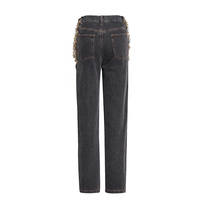 High-rise chain straight-leg jeans