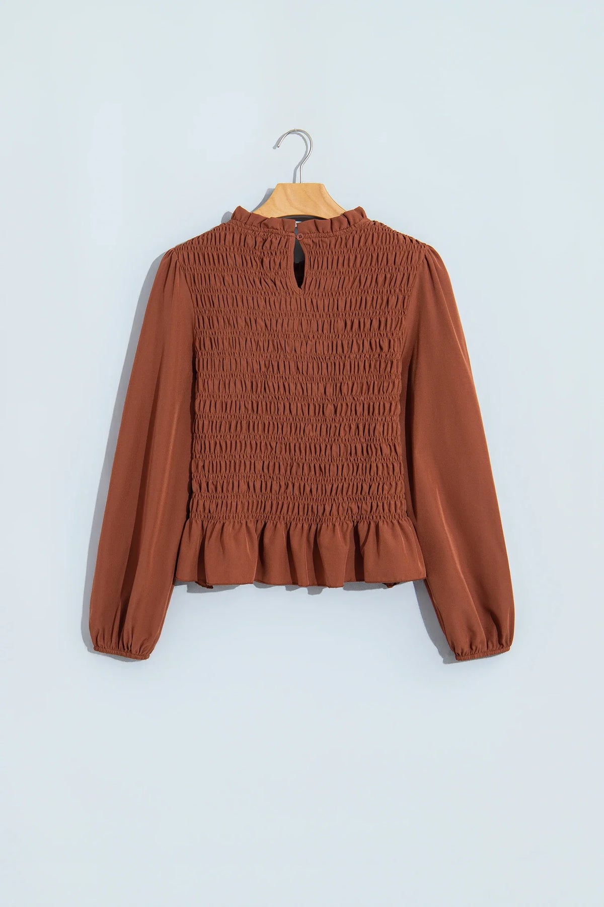 Solid Smocked Ruffle Hem Long Sleeve Blouse