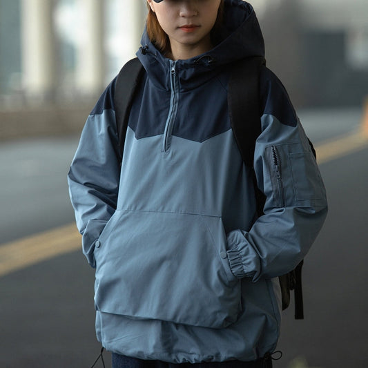 Color Matching Tooling Hooded Pullover Jacket For Men And Women