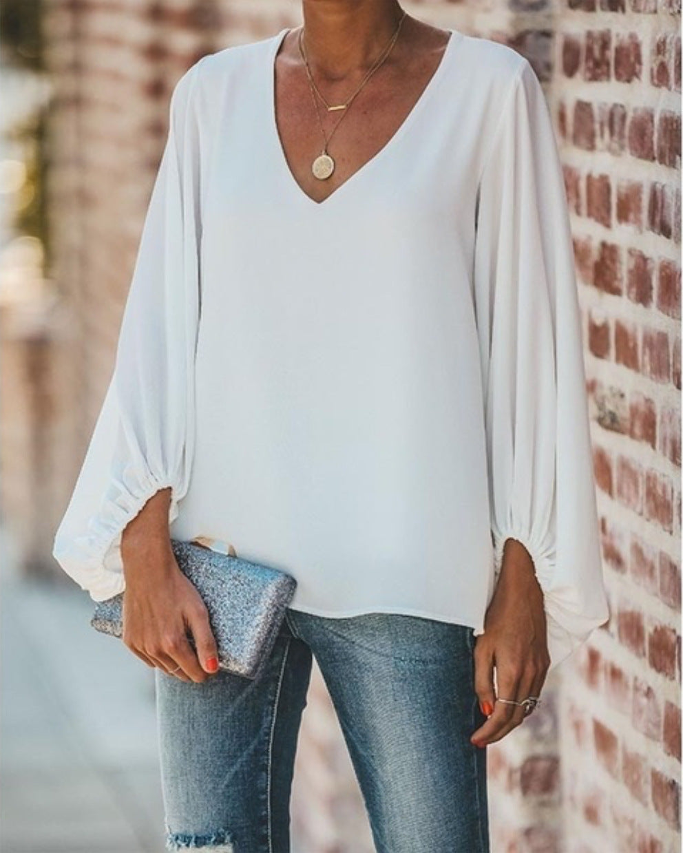 V-neck blouse with lantern sleeves