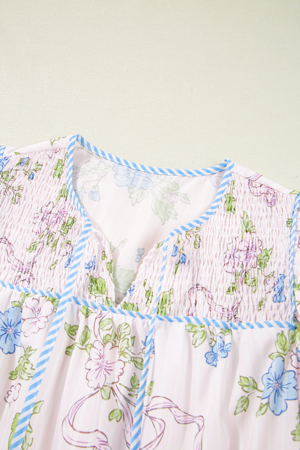Floral Stripe Contrast Tie Split Neck Mini Dress