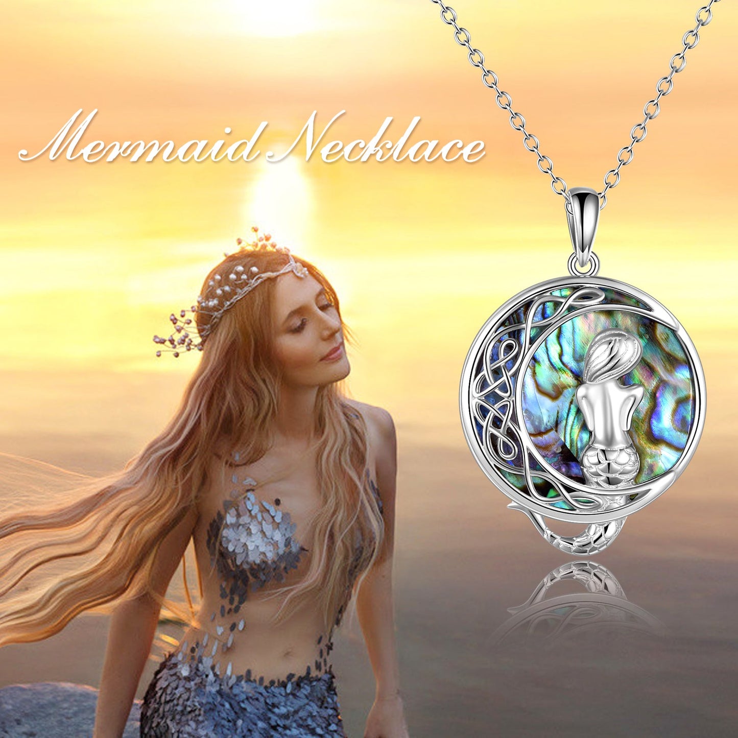 Sterling Silver Classic Sea Mermaid Crescent Moon Necklace with Abalone Shell