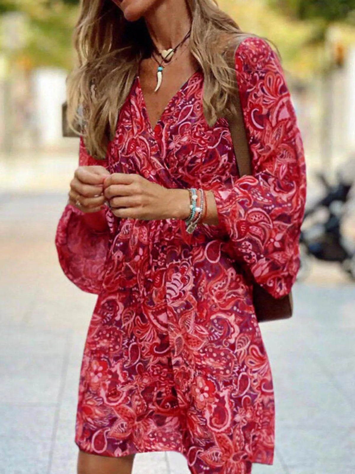 Full Size Paisley Print Long Sleeve Mini Dress Plus Size