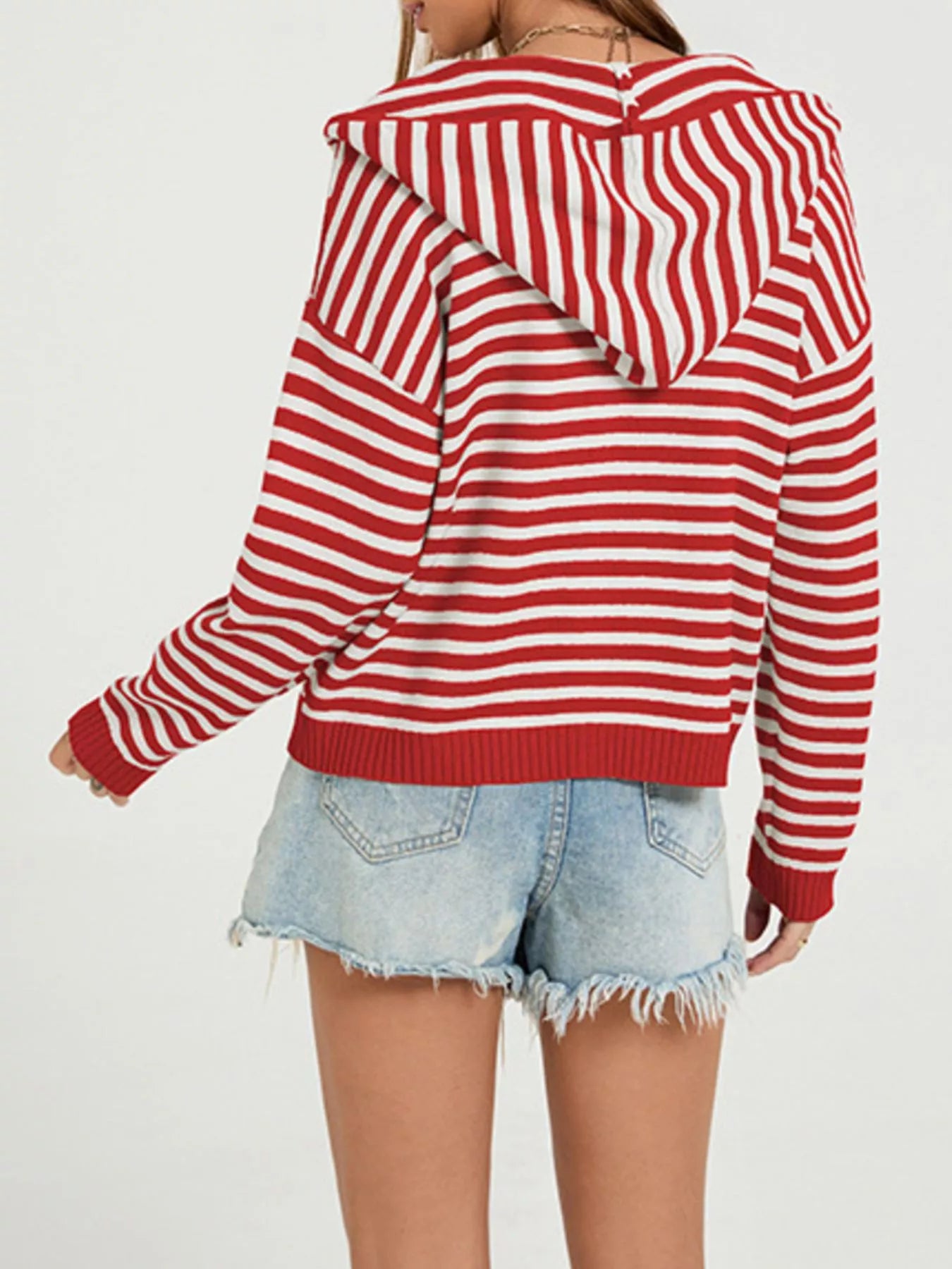 Striped Hooded Zip-Up Knit Cardigan