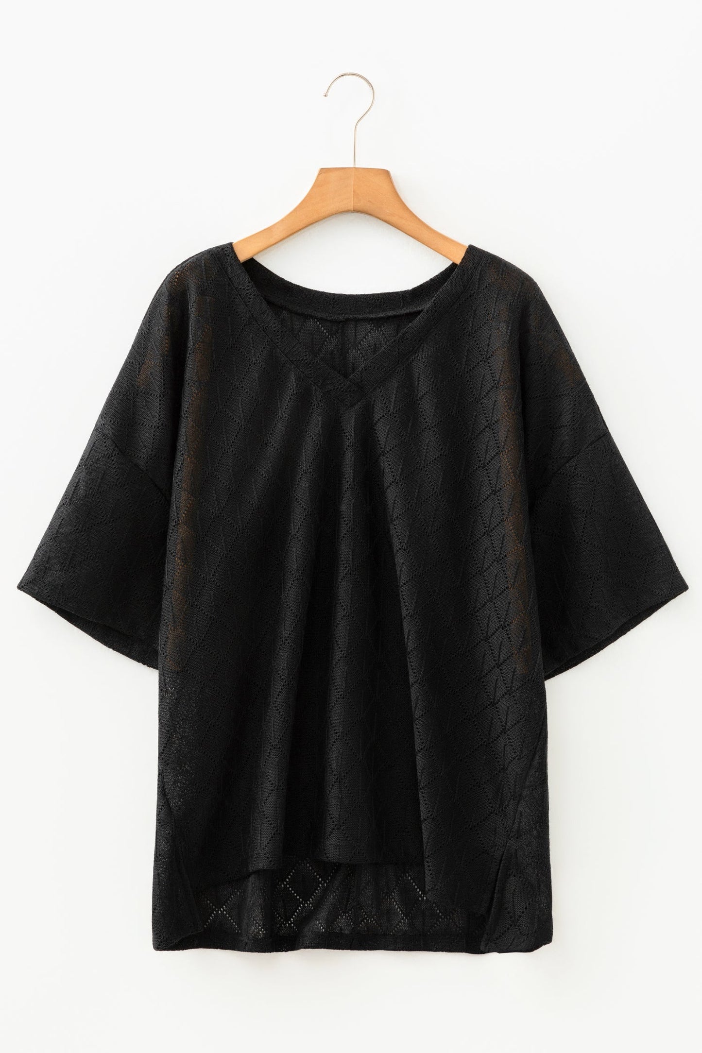 Plus Size Solid Pointelle Knit Rhombus V-Neck Top