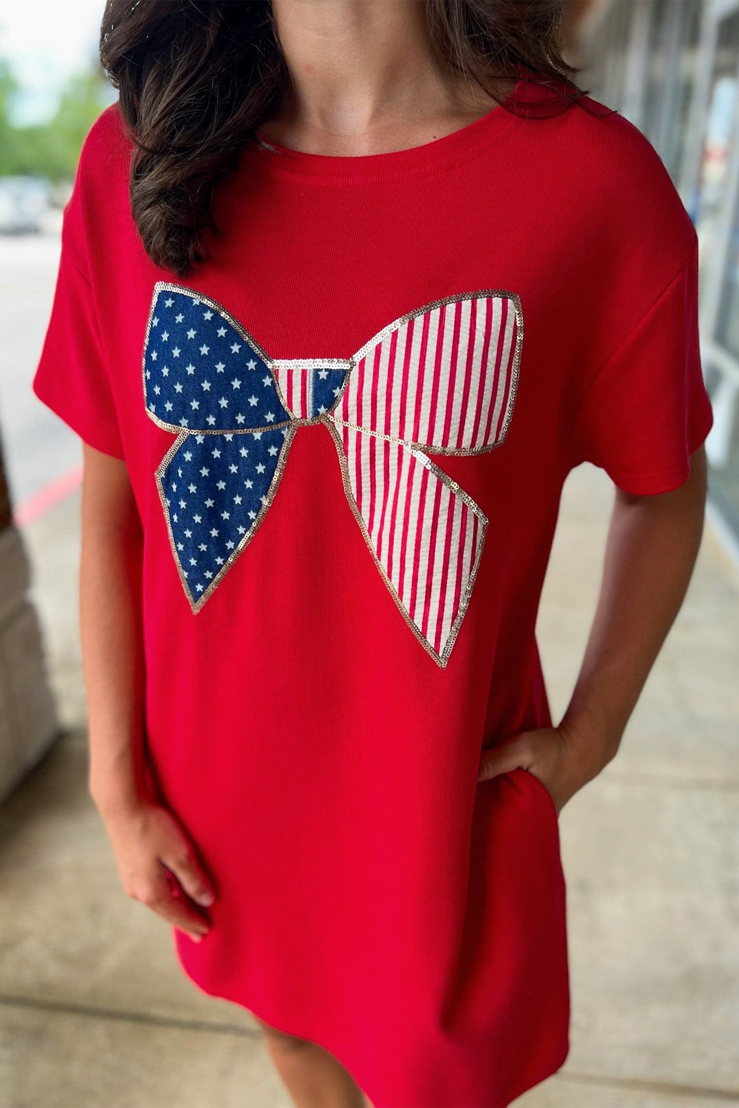 Stars & Stripes Bow Sequin Trim Mini Dress