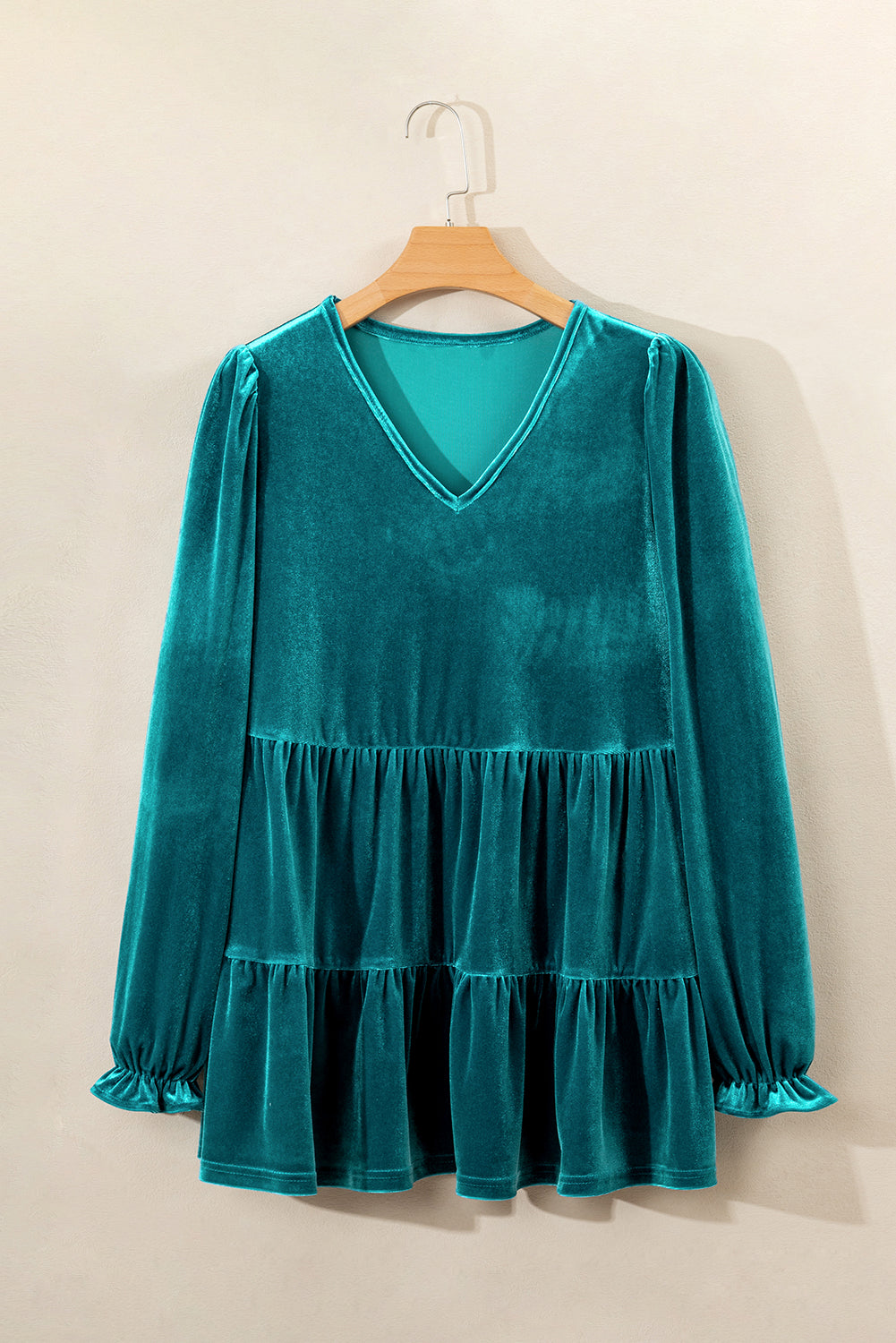 Velvet V-Neck Puff Sleeve Peplum Blouse
