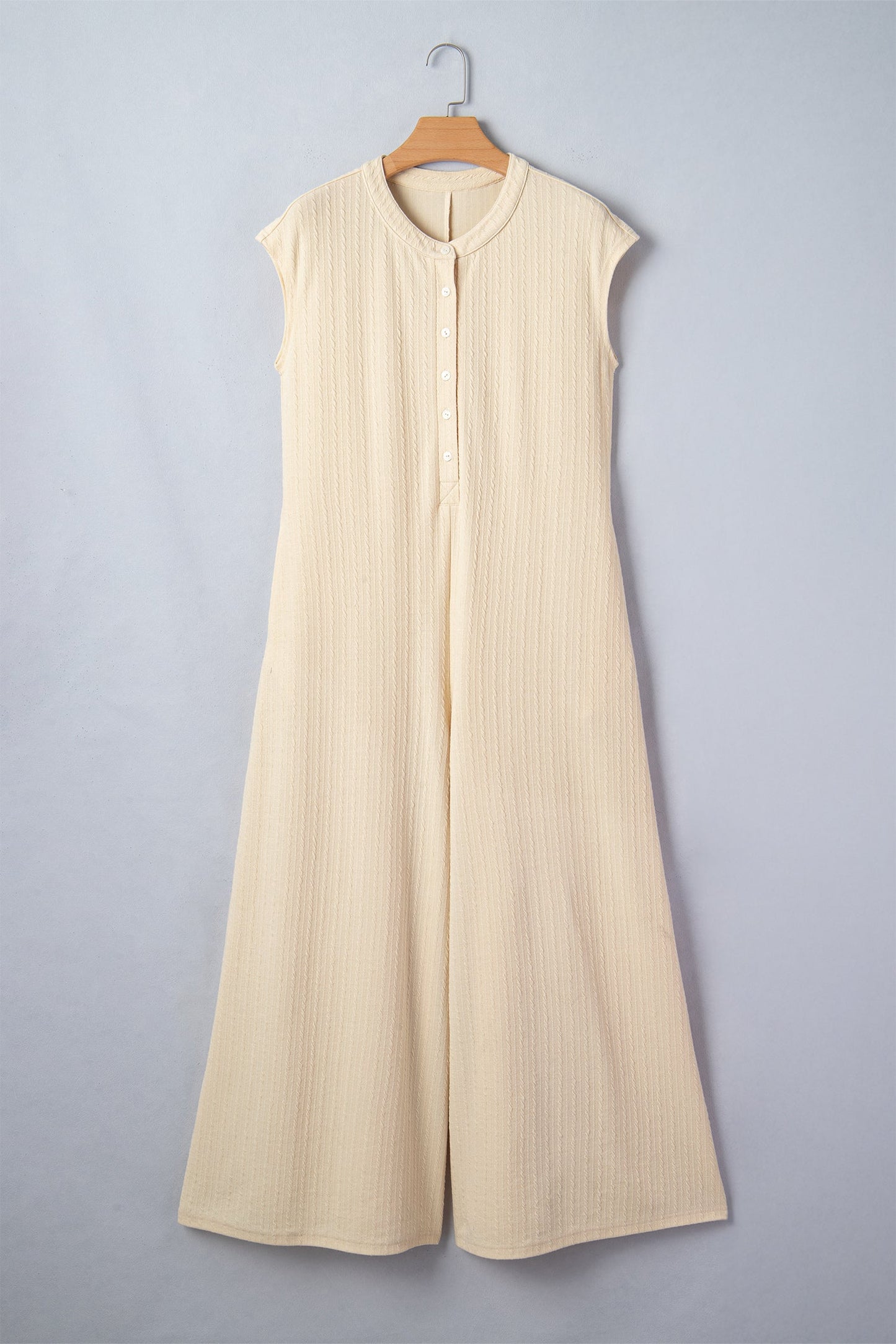Ribbed Knit Half Buttoned Wide Leg Jumpsuit