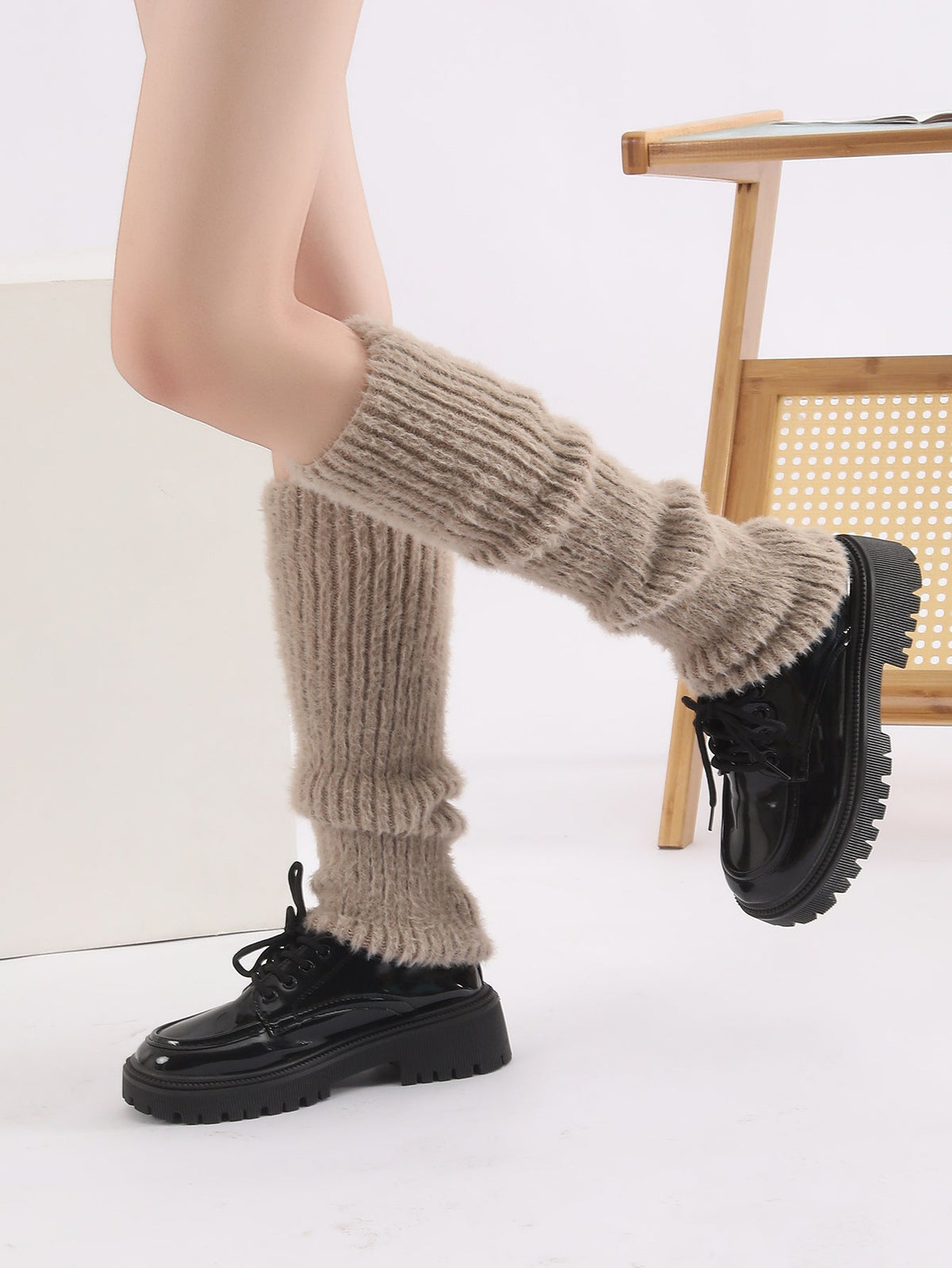 Autumn Winter Solid Knitted Fuzzy Sock Covers Women Thickened Warm Y2K Style Fleece-Lined Fluffy Fur Leg Warmers Calf Socks
