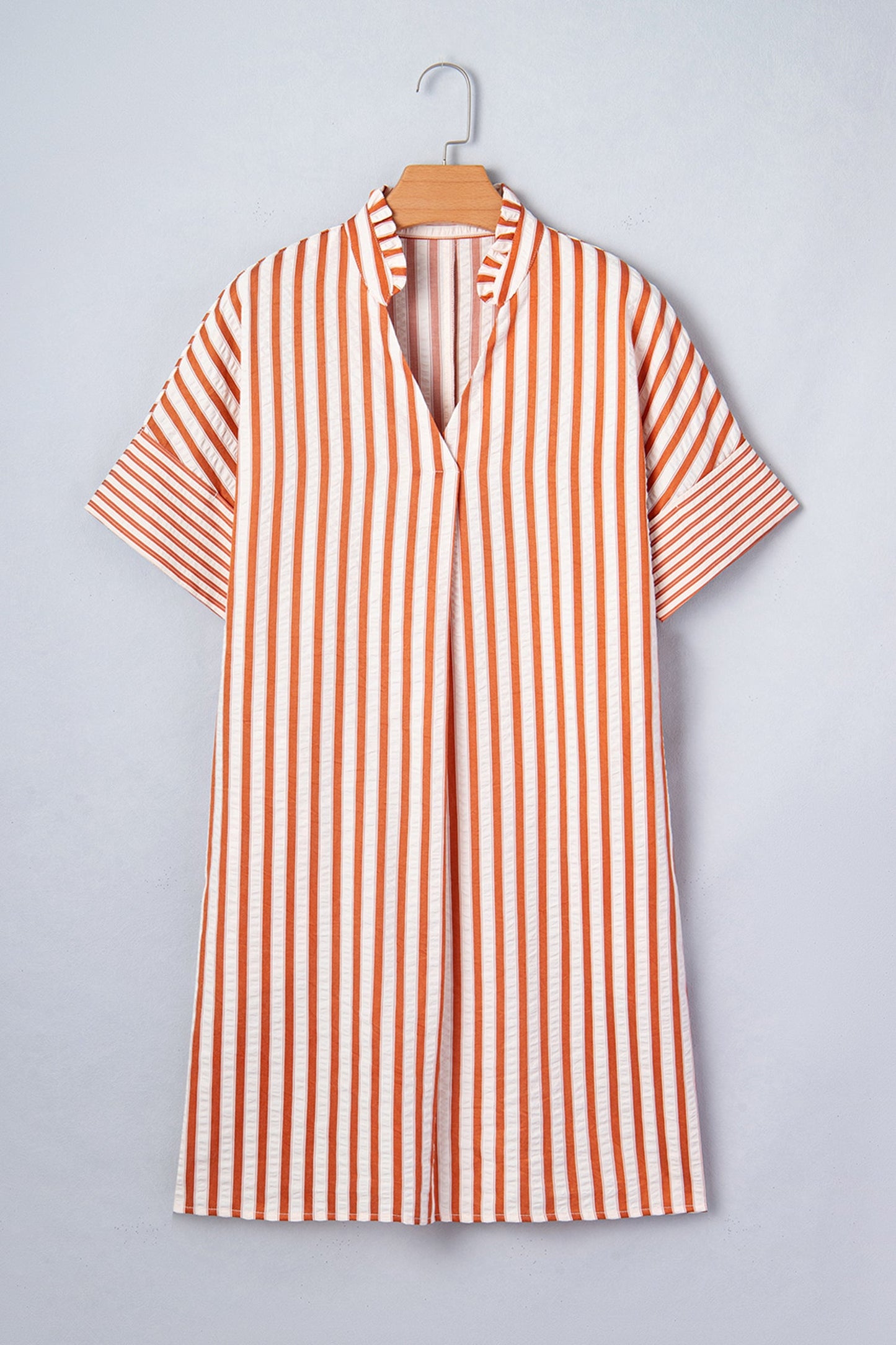 Stripe Pleated Frilled V-Neck Mini Dress