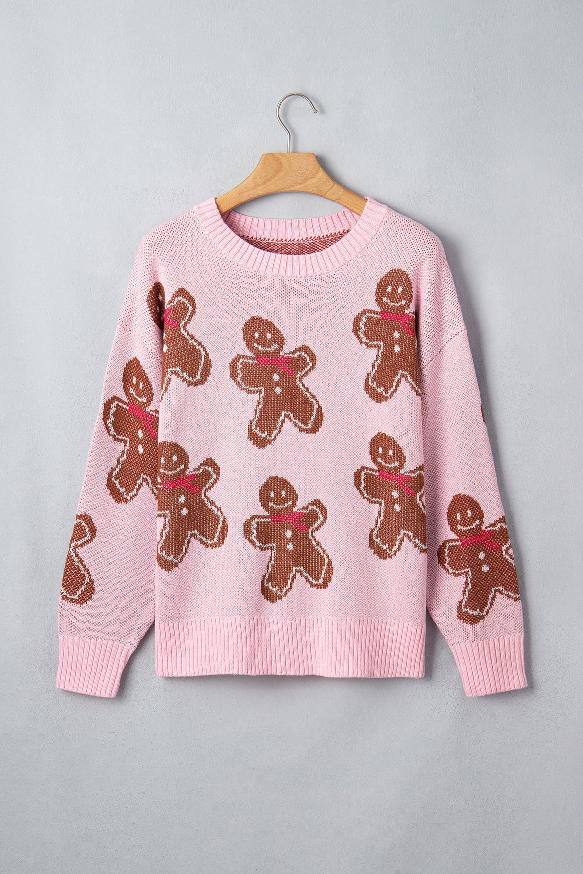Christmas Gingerbread Ribbed Trim Round Neck Sweater