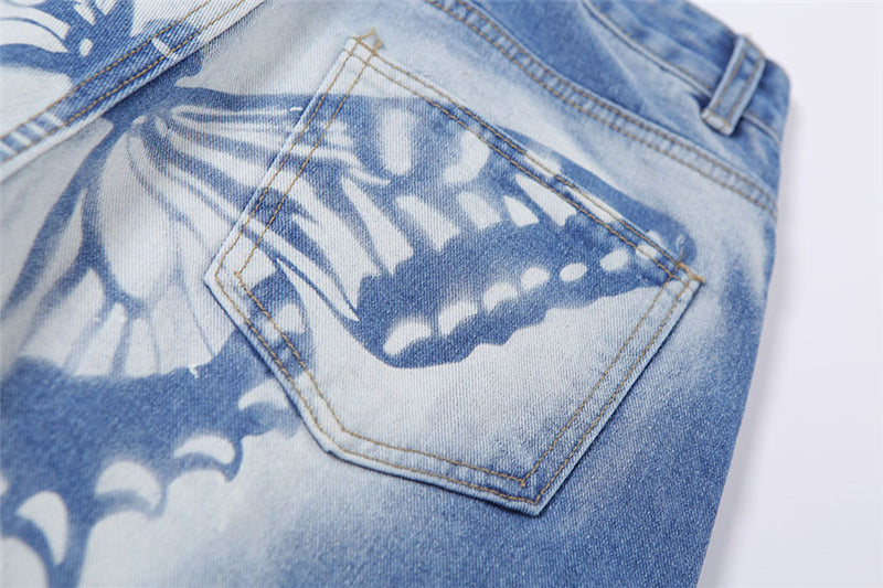 Fashion High-rise Straight-leg Butterfly Print Casual Jeans