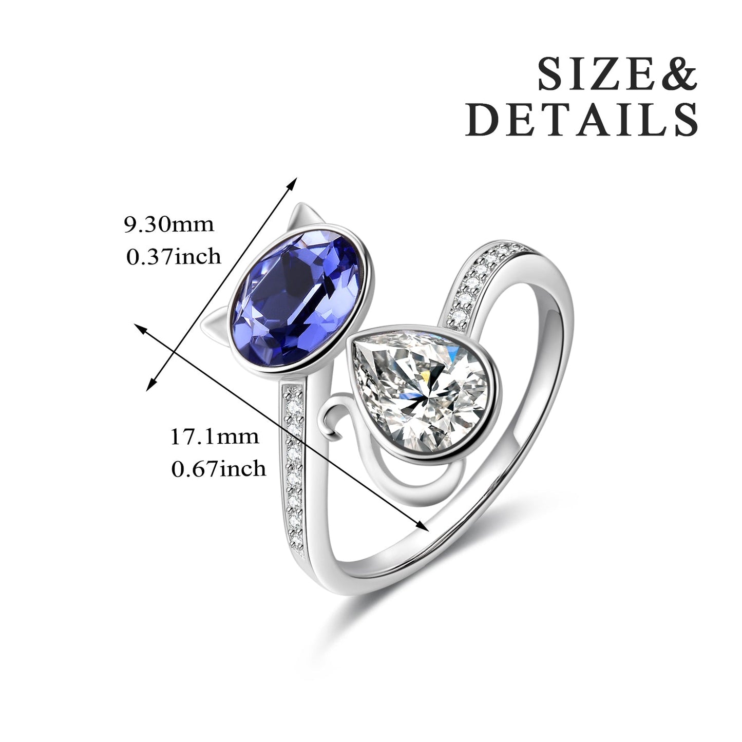 Sterling Silver Cat Ring Blue Purple Crystals from Austria Cute Pet Kitten Kitty Adjustable Open Ring