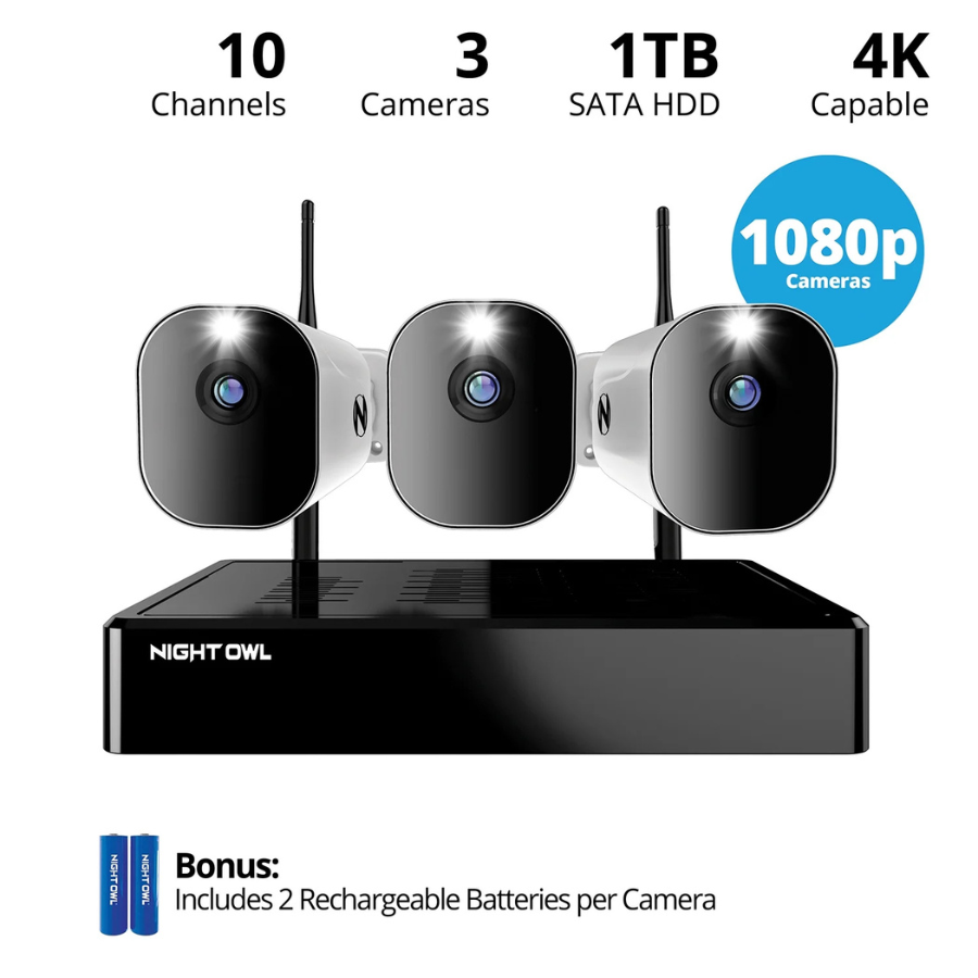 Night Owl (WM-8BBTWN1-32B) 10 Channel 4K Wi-Fi NVR with 1TB Hard Drive and 3 Wire Free (Battery) (NEW)