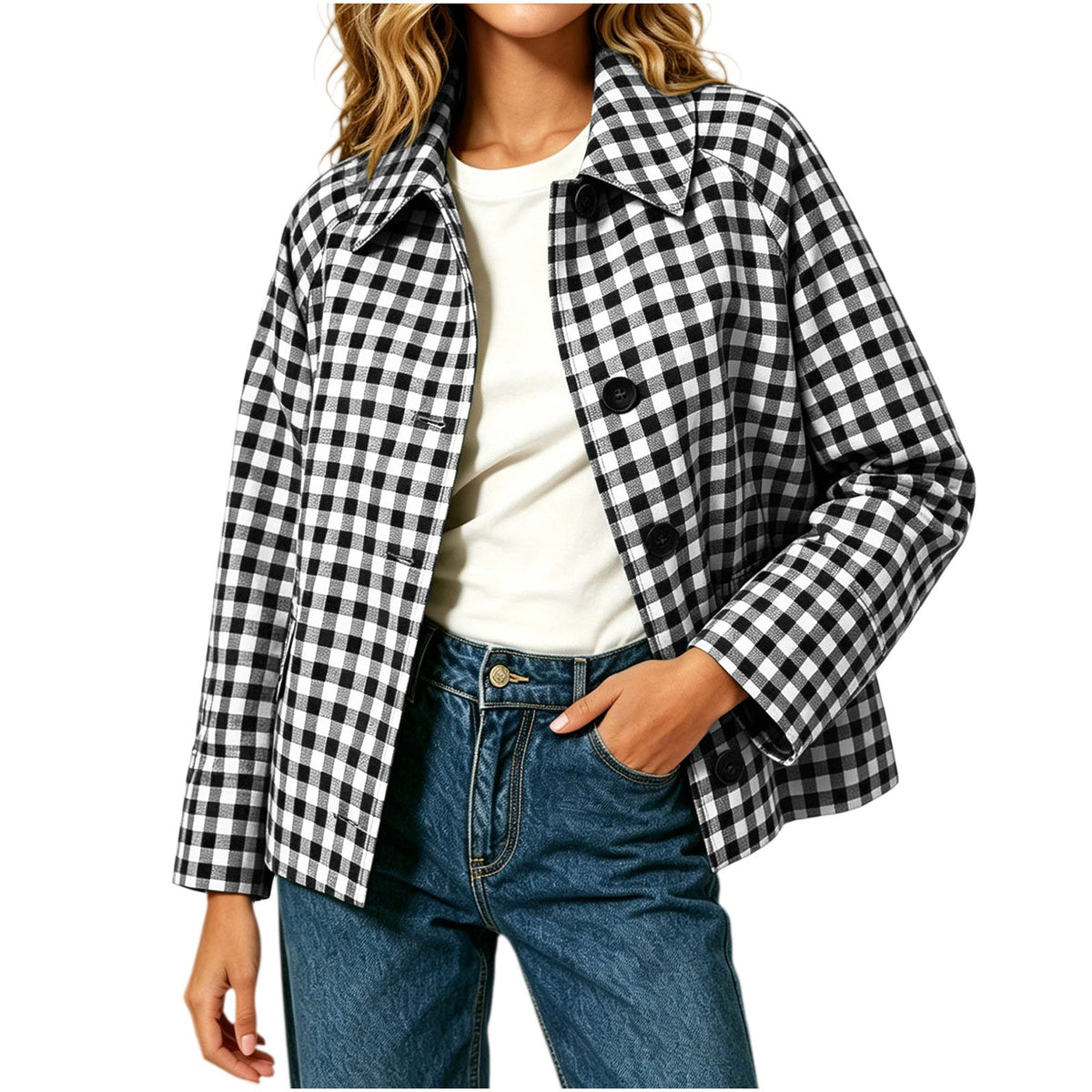 Womens Color-Block Plaid Casual Coat
