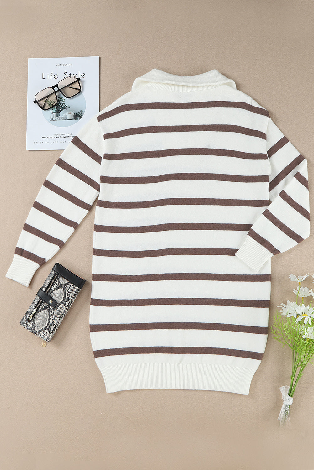Iris Striped Zip Collared Loose Sweater Mini Dress