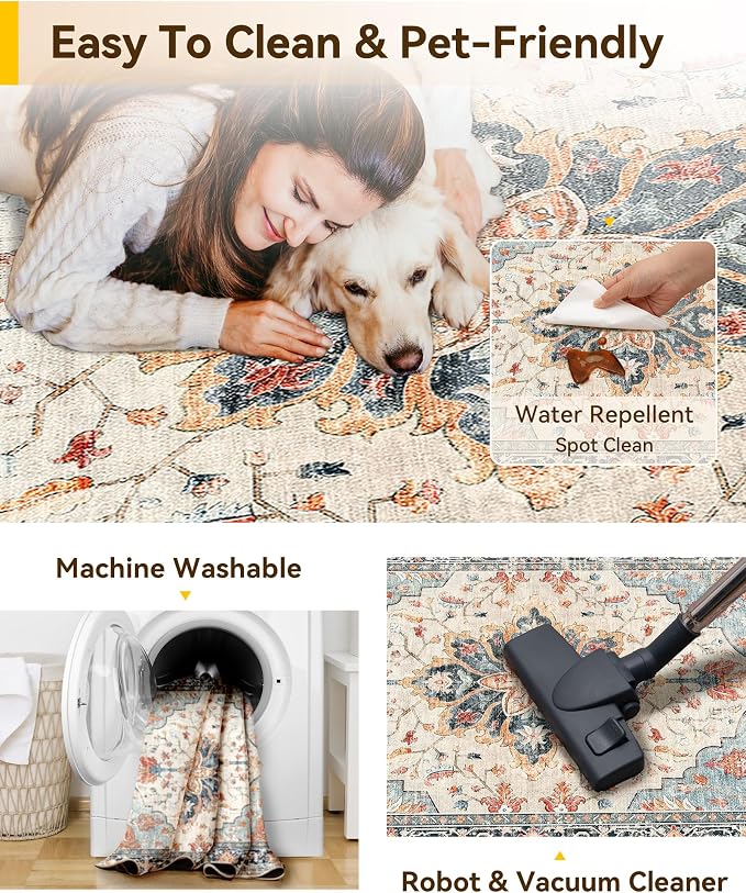 RELEANY Washable Area Rug, Water Repellent, Pet Friendly, Vintage Floral Boho