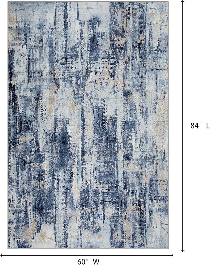 5x7 Area Rugs for Living Room: Washable Abstract Blue Gold Badroom Carpet |