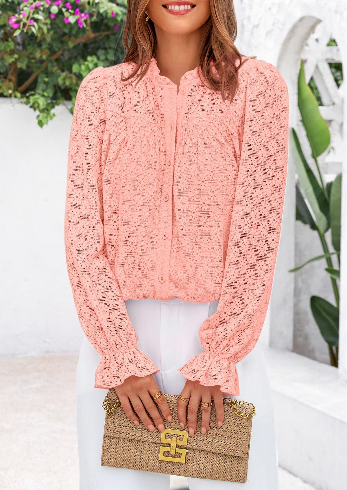 PRETTYGARDEN Women's Pink Eyelet Lace Blouse, Medium