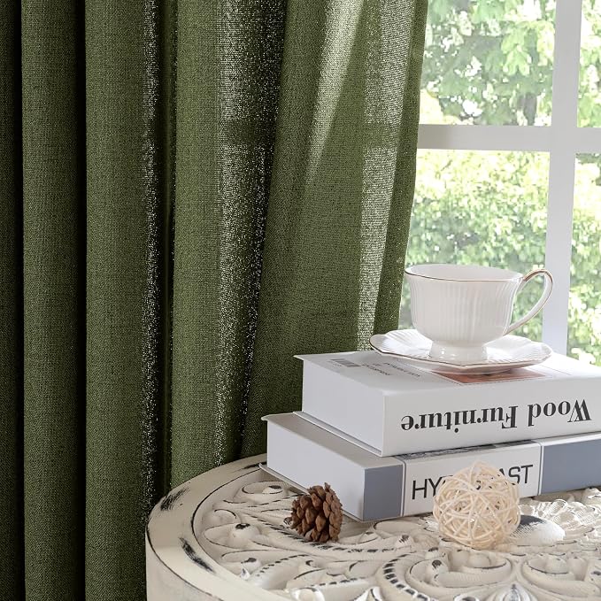 YoungsTex Olive Green Linen Semi Sheer Curtains 80 Inch Length 2 Panels | Light