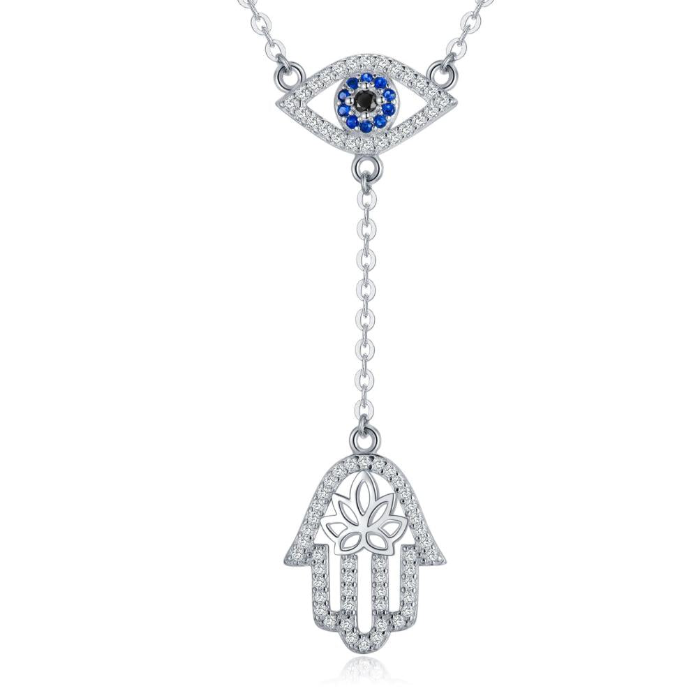 925 Sterling Silver Hamsa Hand Evil Eye Pendant Cubic Zirconia Protection Amulet Necklace