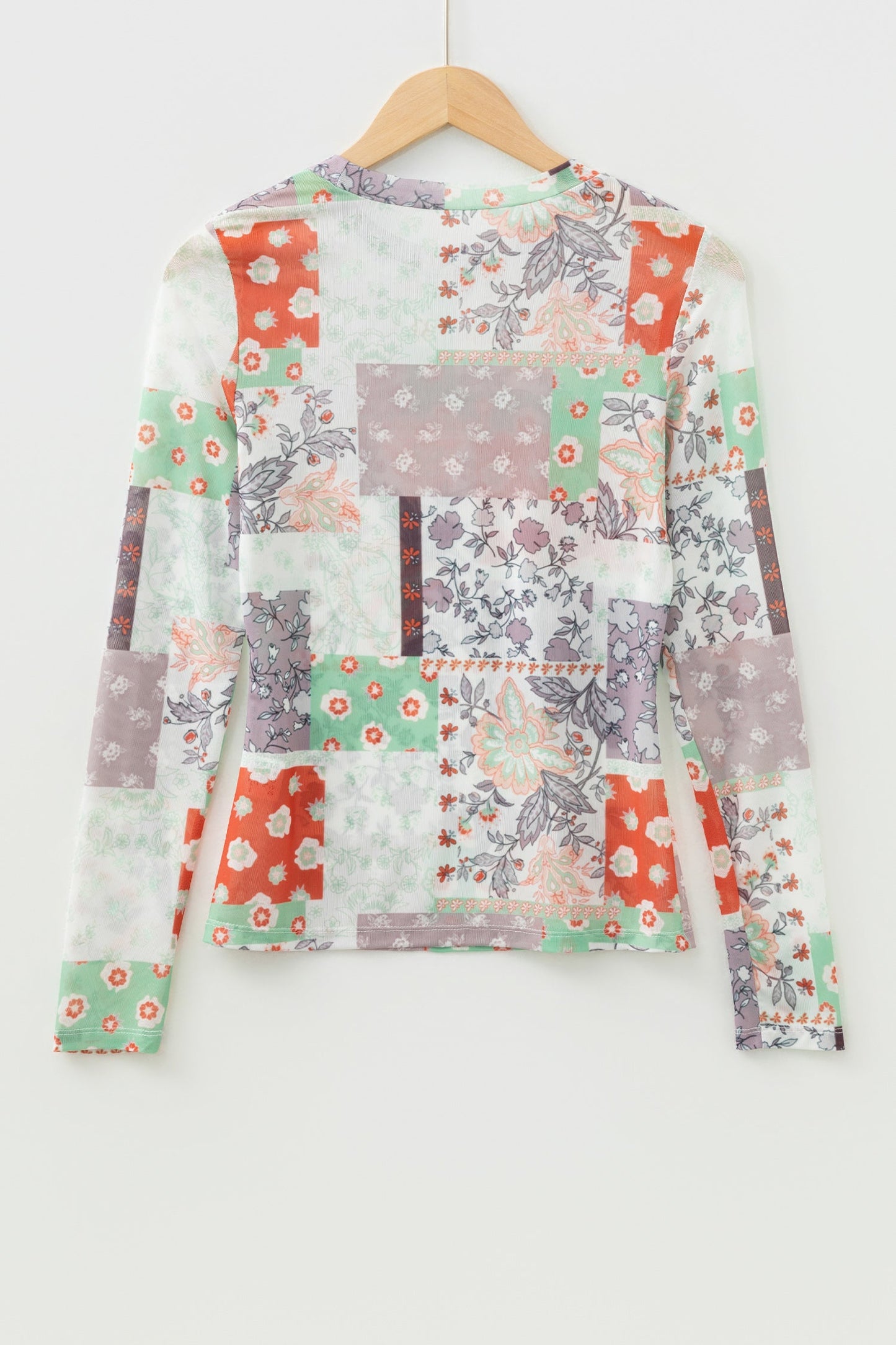 Floral Patchwork Mesh Mock Neck Long Sleeve Top