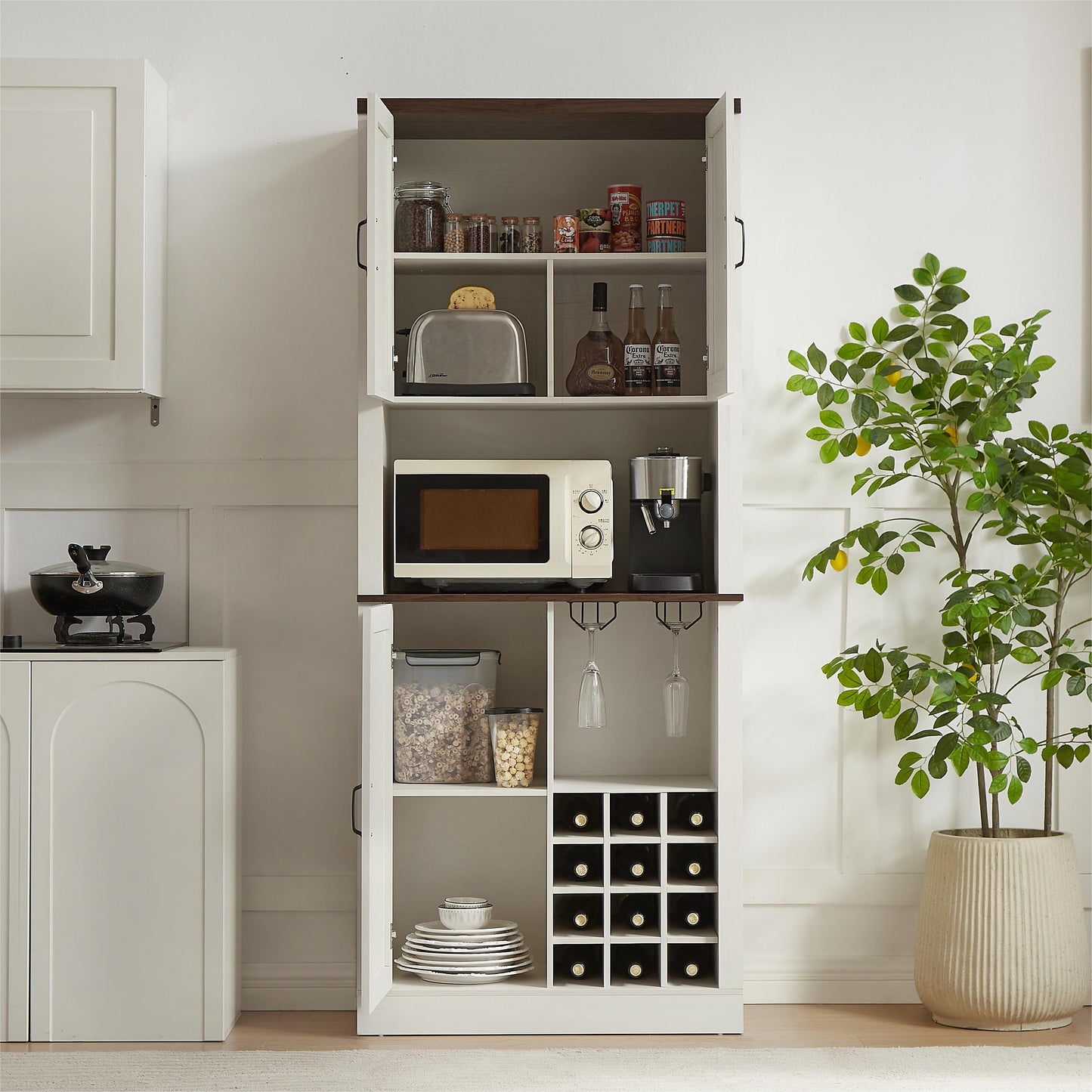 76 Inch Tall Farmhouse Kitchen Faux Rattan Wine Cabinet, Kitchen Bar Cabinet with Square Compartments and Shelves