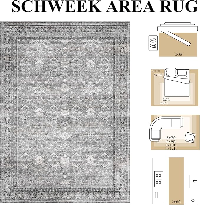 Schweek Grey 5x7 Area Rug for Living Room Washable Vintage Neutral Rugs | Non