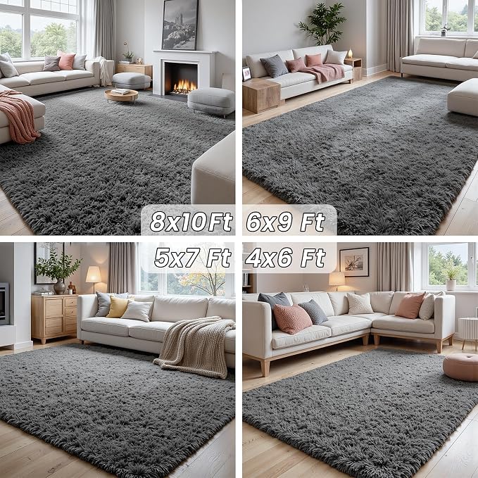 4x6 Fluffy Shag Area Rugs for Living Room Bedroom: Soft Plush Carpet Grey |