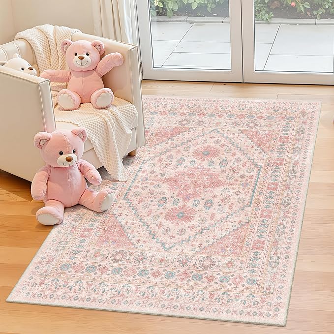 Pink Rugs for Bedroom-3x5 Rug for Entryway, Girls Room | Small Washable Rug for