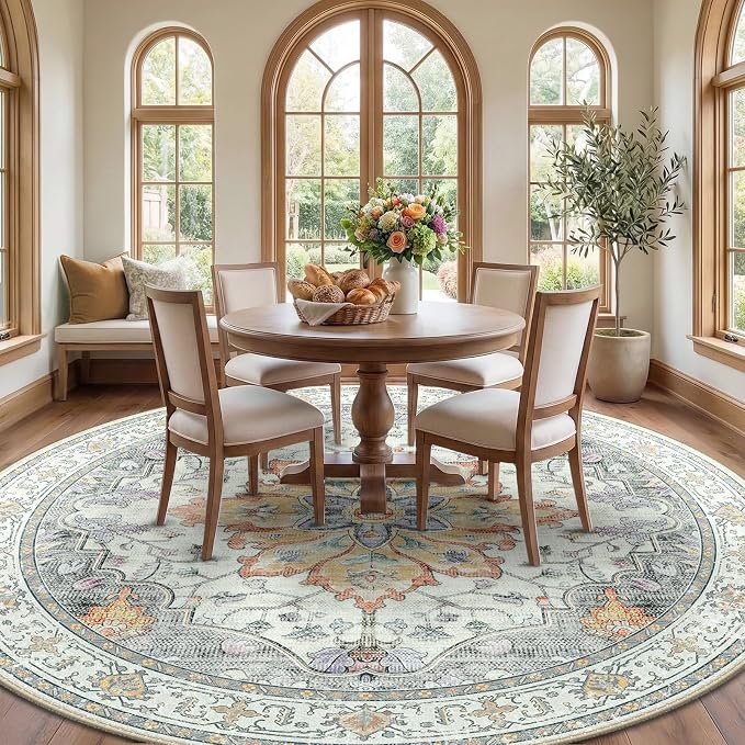 RELEANY Washable Area Rug, Round 8ft, Water Repellent, Pet Friendly, Vintage