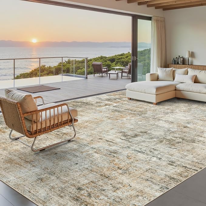 Soalmost Abstract Rug 8x10 Large Living Room Rugs Washable Orange/Brown |